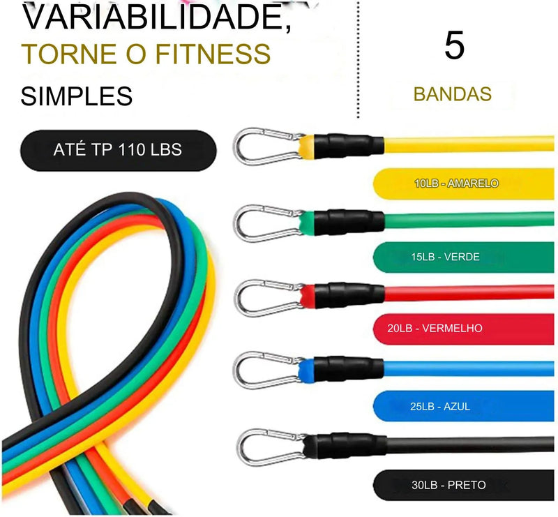 Kit 11 Peças de Elásticos Resistência Bountys® Treino Academia em Casa + PLANILHA DE TREINO DE 8 SEMANAS + VÍDEOS EXCLUSIVOS EXPLICATIVOS DE BRINDE