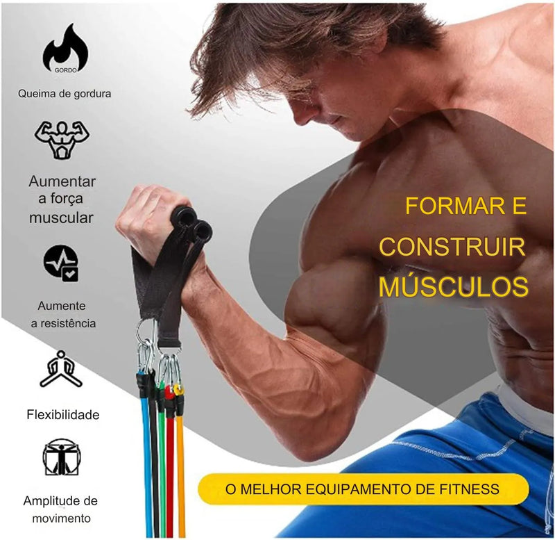 Kit 11 Peças de Elásticos Resistência Bountys® Treino Academia em Casa + PLANILHA DE TREINO DE 8 SEMANAS + VÍDEOS EXCLUSIVOS EXPLICATIVOS DE BRINDE